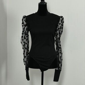 Black Thong Bodysuit with Sheer Polkadot sleeves